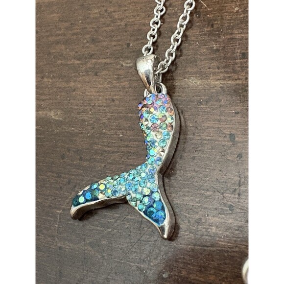 Mermaid Tail Necklace Pink Green Blue Shiny Silver Plated Rhinestones Fish Tail - Picture 2 of 8